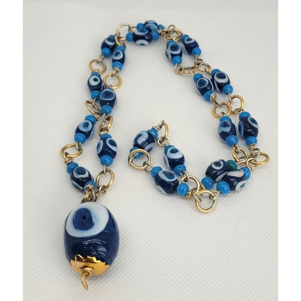 Vintage Evil Eye Glass Beaded Necklace Folk Art